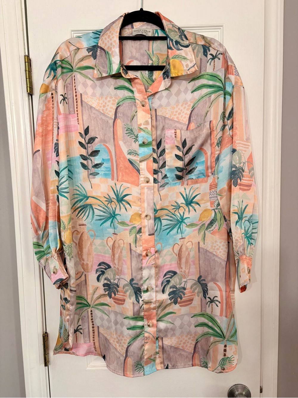 Dress Forum women's Pastel Tropical Print Button-Down Shirt dress